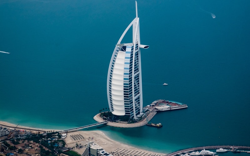 Dubai Marina waterfront towers and yachts at dusk
